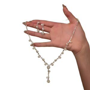 Sparkling Diamond Pearl Earrings Necklace Set